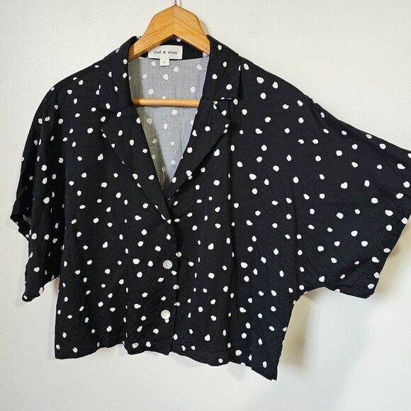 EUC WORN ONCE CLOTH & STONE ECOVERA BLACK WHITE DOTTED CROP SLOUCHY SHIRT TOP S - Picture 1 of 10